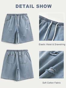 Baggy Jean Shorts Men, Y2k Jorts Cargo Ripped Elastic Waisted, Mens Denim Shorts Loose Fit Vintage Streetwear Summer - 淺色水洗藍 - 查看 5