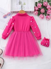 Girls Long Sleeve Collared Pearl Mesh Dress, Pink Party Dress, Children Formal Gown With Matching Bag, Elegant Wedding/Birthday Dress For Young Girls - Hot Pink - View 2