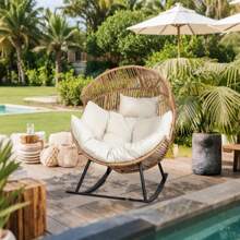 Oversized Beige PE Wicker Rocking Rocking Egg Chair - Outdoor Indoor Rattan Lounge Chair With Comfortable Cushion, Ergonomic Design, Sturdy Steel Frame For Patio, Balcony, Bedroom, Backyard Furniture