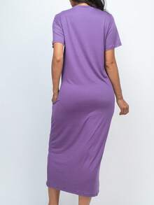 Women's Solid Color Casual Basic Side Pocket Tee Dress For Summer - Quả nho - Xem 4