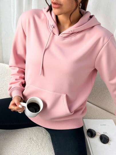 sudadera unicolor con capucha y diseño en los cordones ajustables  Liso    Casual    Bolsillo  Cordón    Colegio