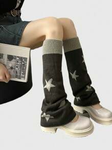 Retro American Style Knitted Leg Warmers, Five-Pointed Star Pattern, Flared Leg, Reversible, Slimming Slouchy Leg Warmers, Fall / Winter