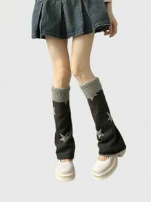 Retro American Style Knitted Leg Warmers, Five-Pointed Star Pattern, Flared Leg, Reversible, Slimming Slouchy Leg Warmers, Fall / Winter