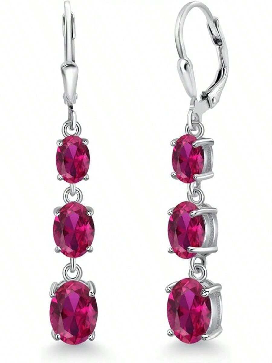 Gem Stone King 3-Stone Leverback Drop Dangle Earrings Women | 925 Sterling Silver | Gemstone Birthstone | Oval 8X6MM 7X5MM And 6X4MM | Fine Jewelry Gifts Her Mom Women Wife - 七月創建 Ruby - 查看 1