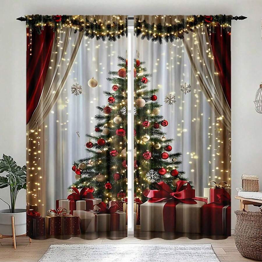 2pcs Christmas Tree Pattern Home Textile Digital Print Curtains, Rod Pocket Design For Easy Hanging, Privacy Protection Curtains Suitable For Bedroom, Living Room, Kitchen, Study, Dining Room, Game Room, Home Decor - Multicolor - View 1