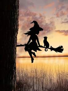 1 件迷人的女巫和猫花园装饰 - 耐用的铁艺庭院艺术与飞天扫帚，非常适合万圣节、草坪、花园、露台户外空间、树桩插入物、户外花园装饰|恐怖主题装饰|女巫装饰 - 彩色 - 查看 10