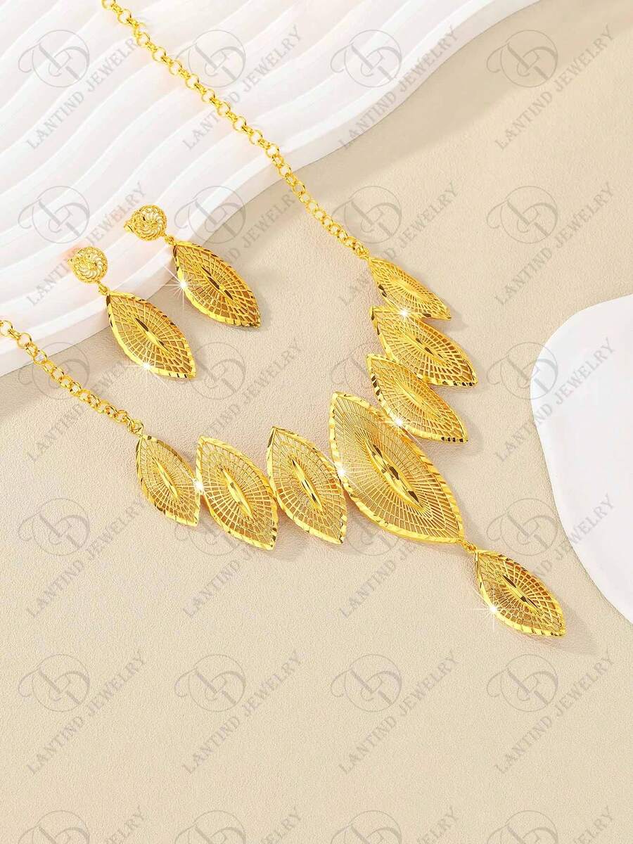 24K Gold Plated Dubai Novelty Earrings & Necklace Jewelry Set, Elegant For Party, Wedding, Anniversary, Dress Up Or Casual Wear - Gold - View 1