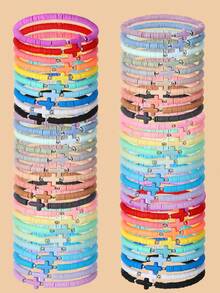 30Pcs Stylish Bohemian Coloured Soft Ceramic Cross Beaded Bracelet Set, Stackable Elastic Stretch Hand String Jewelry - For Men Women Daily Wear And Vacation - Multicolor - View 7