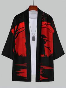 Men's Casual Kimono Cardigan, Polyester, Casual Summer Style Clothing - Black - View 5