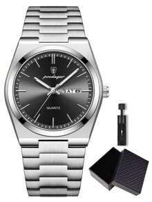 POEDAGAR 1 件装时尚防水夜光不锈钢男士手表，带日期和星期显示，休闲石英腕表，男士手表 + 礼盒