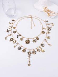 1pc Vintage Chic Luxury Retro Gold-Color Alloy Sun, Moon & Star Layered Chain Necklace For Women - Sun and Star Pendant Necklace - View 3