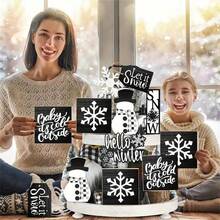 9pcs/Set Hello Winter Christmas Snowflakes Snowman Wooden Ornaments, Christmas Table Centerpieces Decorations, Merry Christmas Layered Tray Decor Ornaments, Christmas Day Decor, Christmas Gifts (No Tray) - Multicolor - View 3