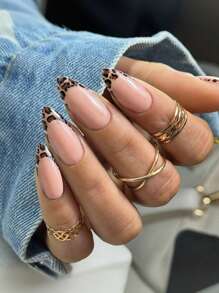 VV MEI JIA ER 24pcs Medium Almond Shaped Nail Stickers Set - Instantly Elevate Your Look! Includes Minimalist Elegant Black French Manicure, Chic Leopard Print, Fashionable Dark Night Black French, Nude Pink, Full Coverage Nail Designs, Suitable For Women And Girls. Set Contains 1pc Gel Polish And 1pc Nail File. Complete Manicure Supplies.