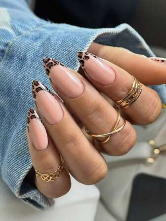 VV MEI JIA ER 24pcs Medium Almond Shaped Nail Stickers Set - Instantly Elevate Your Look! Includes Minimalist Elegant Black French Manicure, Chic Leopard Print, Fashionable Dark Night Black French, Nude Pink, Full Coverage Nail Designs, Suitable For Women And Girls. Set Contains 1pc Gel Polish And 1pc Nail File. Complete Manicure Supplies.