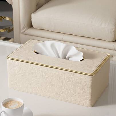 PU 皮革荔枝纹金边纸巾盒架，适用于浴室台面、床头柜、咖啡桌、家居、办公桌和汽车，带磁性锁底，节日礼物