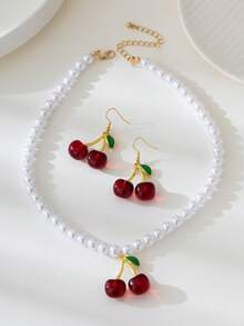 3pcs/Set Cherry Shaped Pendant Decor Faux Pearl Necklace & Earrings Set, Suitable For Women's Daily Or Multipurpose Wear