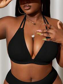 Slaydiva Plus Size Solid Color Textured Fabric Halter Swim Top Summer - Black - View 3