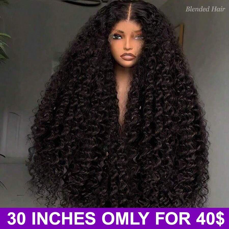 34 英寸折扣水波卷发 13X4 前蕾丝假发混合发杰瑞卷发自然色黑色卷曲 200% 密度透明蕾丝自然发际线婴儿头发适应混合发假发无胶（8-34 英寸）鲍勃假发 8-16 英寸