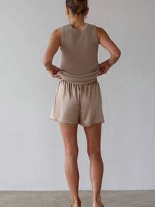 Women's Summer Lounge Shorts Solid Color Satin Elastic Waist Loose Fit Short Pants - Khaki - View 2
