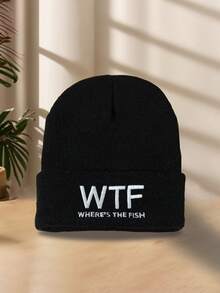 1pc Men's Embroidered Knit Beanie Hat, Stylish & Personalized For Fishing, Skiing, Camping, Elastic Pullover Hat, Autumn/Winter