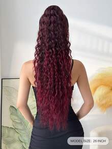 Tóc giả đuôi ngựa dài 26 inch màu đỏ ombre, kiểu gợn sóng, làm từ chất liệu tổng hợp chịu nhiệt, thiết kế kẹp càng cua, phù hợp cho phụ nữ dự tiệc Giáng sinh, Halloween và sử dụng hàng ngày. - Màu đỏ ombre - Xem 2