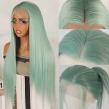 26 Inches 180% Density Long Silky Straight Hair Light Green Color Synthetic Lace Front Wigs 13x4 Lace Area Free Part Pre Plucked With Baby Hair Around Natural Hairline Glueless Heat Resistant Fiber Frontal Lace Replacement Wig For Fashion Women Girls Party Vacation Show Makeup Use Daily Wear - 橄欖綠 - 查看 2