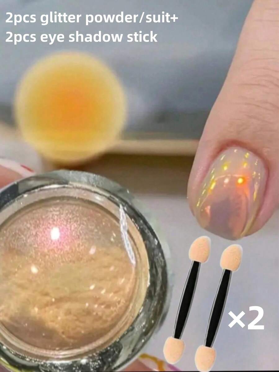 2Pcs/Set [Sparkling Powder Nail Art Supplies] Shimmering Highlighter Glitter Flakes For Nail Art Decoration, Sparkling Powder, DIY Manicure Supplies,Comes With 2 Sponge Applicator - 彩色 - 查看 1