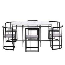 Six-Chair Dining Table Set: (White Table, Chairs With Backrests And Gray Cushions, Black Iron Frame), Dining Room Table And Chair Set, Modern Dining Table Combination - Black - View 3