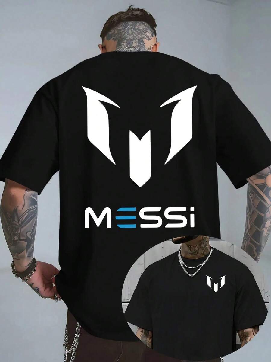 Men'S Messi Logo Graphic T-Shirt - Light Blue Casual Crew Neck Tee With Black & White Design, Comfortable Polyester Fabric For Casual Attire, Summer Streetwear, Soccer Shirt - màu đen - Xem 1