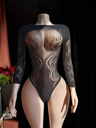 1pc Transparent Hollow-Out Lingerie Babydoll, Sexy Beach Bikini Cover Up