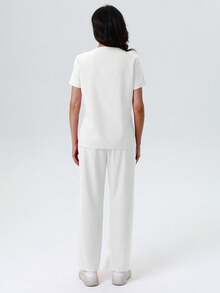 V-Neck Solid Color Pocket Short Sleeve Top And Pants Scrub Set Spring White - White - View 4