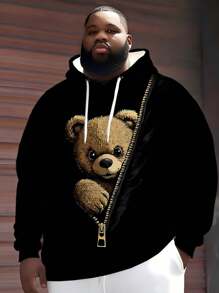 ZhuYa Felpa con cappuccio casual sportiva con stampa di orsetto teddy per uomo taglie forti - Vestibilità morbida con tasche, maniche lunghe, stile casual da strada, adatta per autunno e inverno