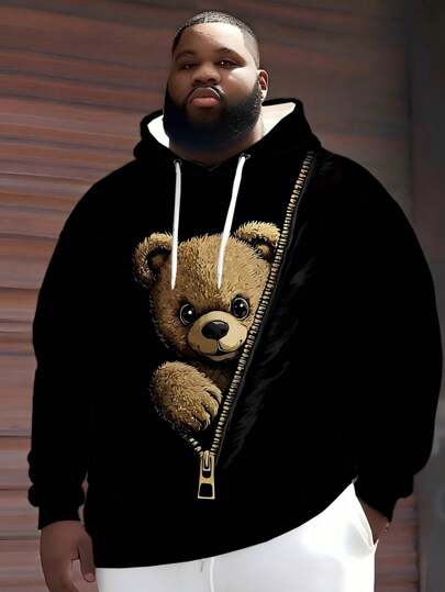 ZhuYa Plus Size Men's Zipper Teddy Bear Casual Sports Series Printed Hoodie - Loose Fit With Pocket Long Sleeve Sweatshirt, Street Casual Outdoor , Fall Winter