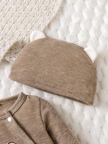 新生儿小熊印花长袖撞色按扣连脚连体衣，舒适日常穿着，适合男宝宝