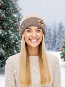 1Pc 新款宽松字母针织帽 大头围 复古日系风 保暖多功能 针织帽 防风 保暖冬帽 针织帽 显瘦 时尚 休闲 涤纶材质 刺绣 秋冬款 时尚男女通用秋冬装