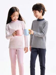 Annil Children's Clothing For Girls, Girls, Boys, Boys, Middle-Aged And Young Children, Teenagers, Mid-Neck Long-Sleeved Base, Autumn Clothes And Pants, Home, Mountain Print, Contrasting Color Striped, Warm Clothes, Solid Color Warm Pants, Winter - Royal Blue - View 1