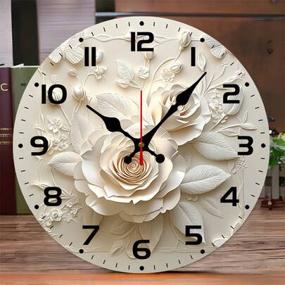 [Exquisite Craftsmanship] Elegant 10inch Silent Wall Clock With White Rose And Butterfly Design - Wood Veneer, Round And Flat - Ideal For Living Room, Bedroom, Kitchen - Unique Home And Office Decoration, Perfect For Outdoor Parties And Holiday Gifts - AA Battery Operated (Batteries Not Included)