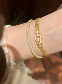 1pc Stainless Steel Milanese Horseshoe Clasp Woven Bracelet, Gold Plated Hollow Strap, Fashion Minimalist Versatile Design - Horseshoe Watch Strap Bracelet - View 3