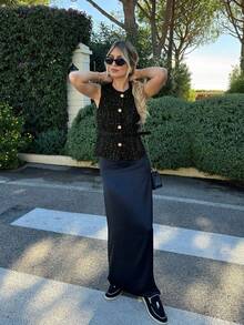 Áo hai dây nữ có khuy cài, viền bèo nhún, dây đeo bản rộng, áo blazer mỏng không tay cài kim loại kiểu Pháp cơ bản dành cho nữ mùa hè màu đen - màu đen - Xem 7