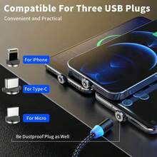 3-In-1 Magnetic Braided Nylon Data Cable, Durable Fast Charging USB Cable (Includes Type-C + Lightning + Micro USB), Compatible With IPhone 17 16 15 14 13 12 Pro Max / / / / Universal - Black - View 5
