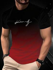 黑色 & 红色渐变短袖时尚“国王”图案男式 T 恤 - 黑色 - 查看 1