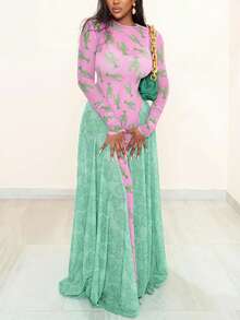 Đầm nữ kiểu vintage mới, cổ tròn, phối màu tương phản, dáng rộng, tay dài, in họa tiết, màu hồng, thanh lịch, mùa xuân. - Hồng - Xem 1