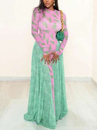 复古风格女式网眼圆领撞色宽松腰长袖印花连衣裙，秋季新品