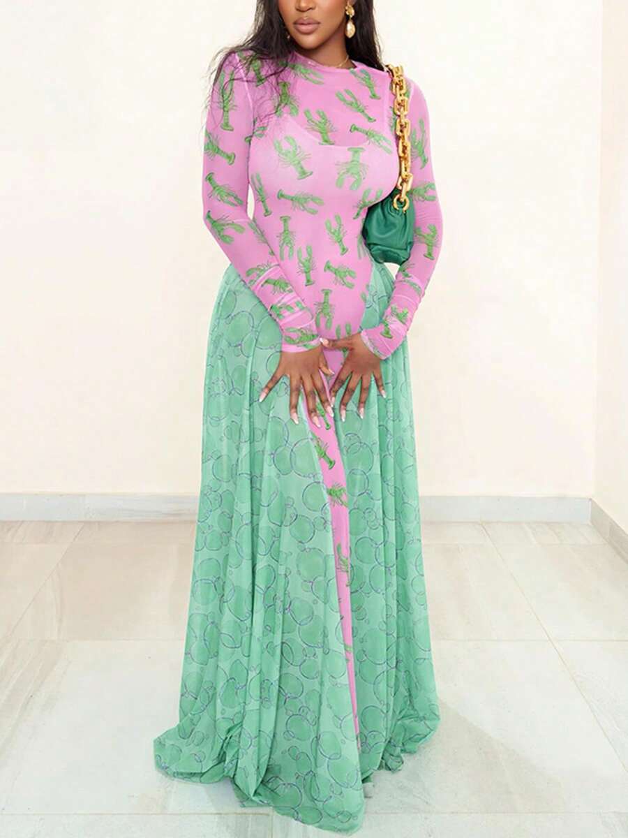 Đầm nữ kiểu vintage mới, cổ tròn, phối màu tương phản, dáng rộng, tay dài, in họa tiết, màu hồng, thanh lịch, mùa xuân. - Hồng - Xem 1