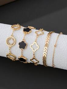 5 件经典镂空水钻四叶草和五叶草飞机链手链套装，适合女士，百搭分层/混搭（无礼盒。由于手工切割，珠链数量随机但长度固定，不会影响最终佩戴效果） - 金黃色 - 查看 2