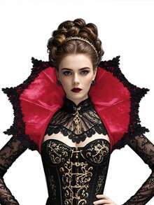 1pc Halloween Gothic Witch Queen Velvet Skeleton Lace Stand Up Collar Cloak, Suitable For Halloween Outing, Artistic Costume Accessories (Red), Made Of Polyester Fiber