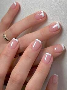 16片法式免UV凝胶美甲贴纸，粉白简约自粘凝胶美甲贴，不伤指甲，轻松DIY美甲，女士日常居家美甲贴