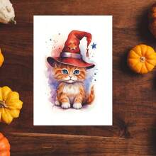 1 Stück süßer Halloween Zauber, orange getigerte Katze Hexe. Herbst Faltpostkarten mit farbigen Umschlägen, innen leer. Geschenke für sie, Freunde, Katzenliebhaber, 5*7 Zoll - mit dicken Umschlägen