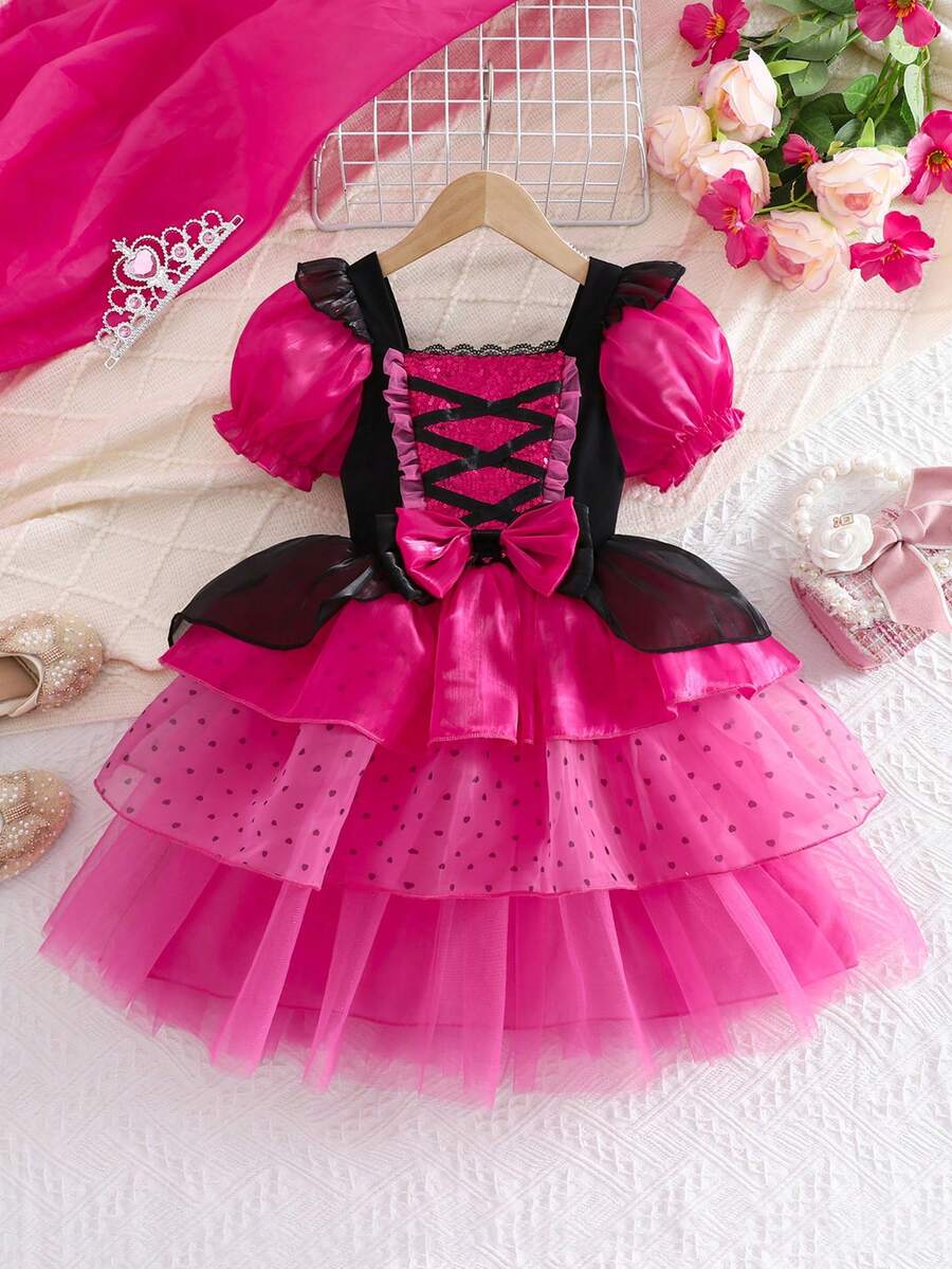 女童公主裙、节日/万圣节派对服装裙 - 玫紅色 - 查看 1