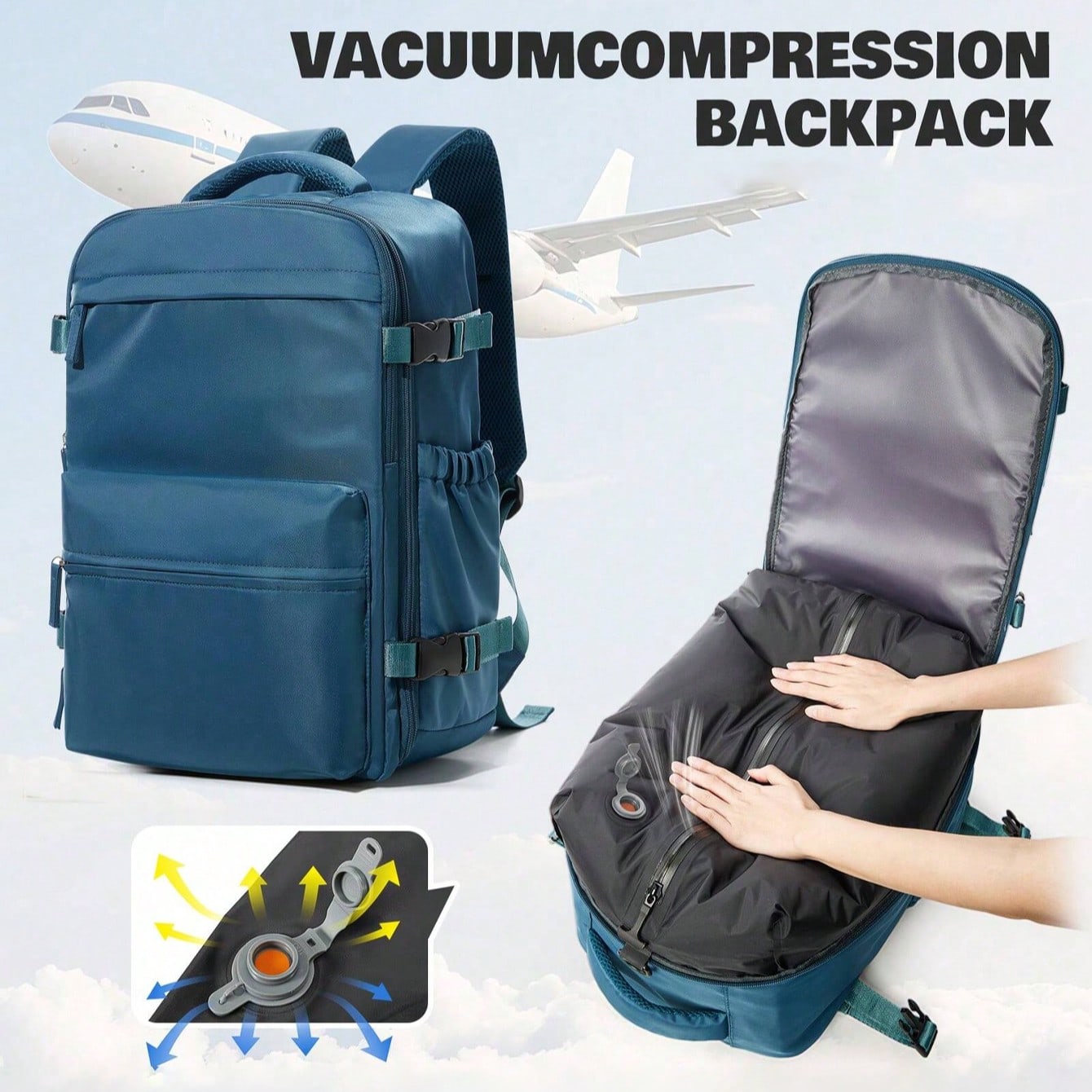 This Vacuum Compression Backpack Is Specially Designed For Travel And Business Trips. It Has A Large Capacity And Can Accommodate A Laptop, Clothes, And More. With Just One Vacuum Button, It Can Save 50% Of The Space. Lightweight And Durable, It's Suitabl